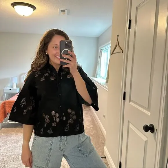 NWT Tuckernuck Ranna Gill Black Oversized Floral Faux Leather Top XS - Picture 5 of 15